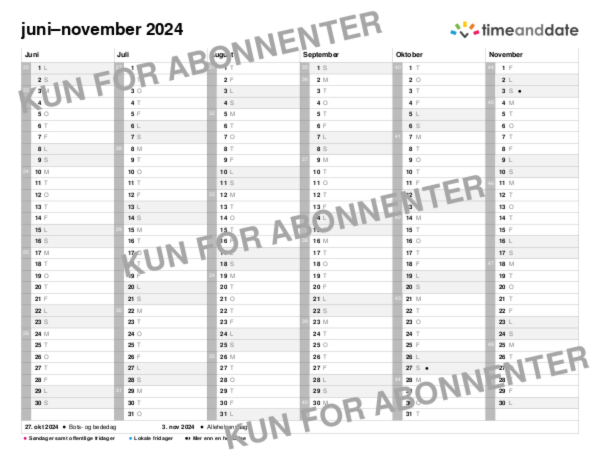 2024 kalender for Norge med flere måneder på én side