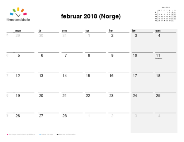 Kalender for 2018 i Norge
