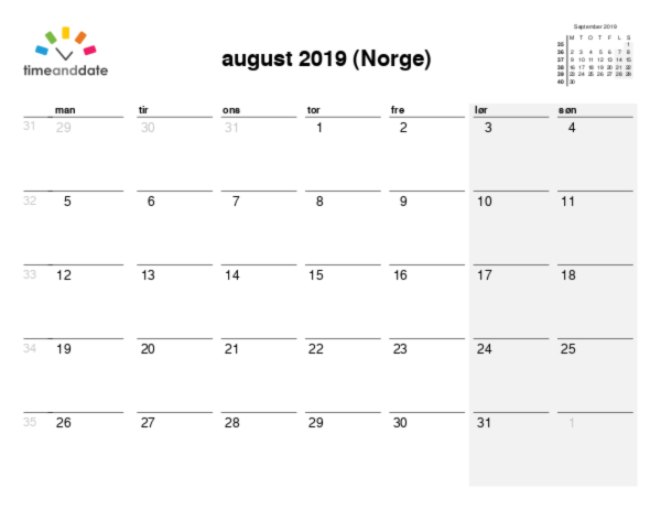 Kalender for 2019 i Norge