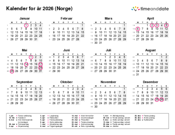 Kalender for 2026 i Norge