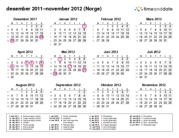 Kalender for 2011 i Norge