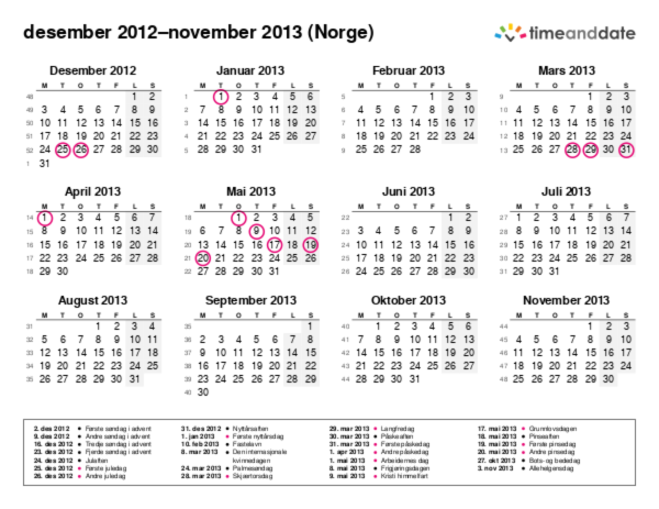 Kalender for 2012 i Norge