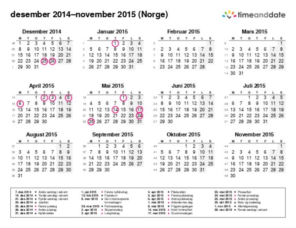 Kalender for 2014 i Norge