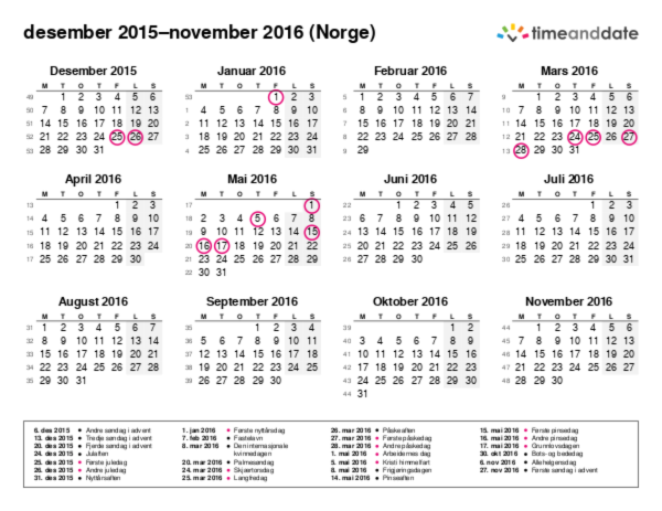 Kalender for 2015 i Norge