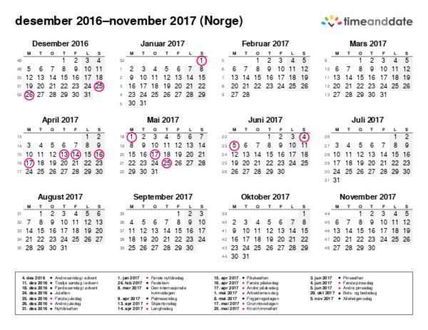 Kalender for 2016 i Norge