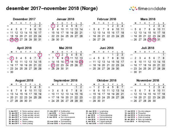Kalender for 2017 i Norge