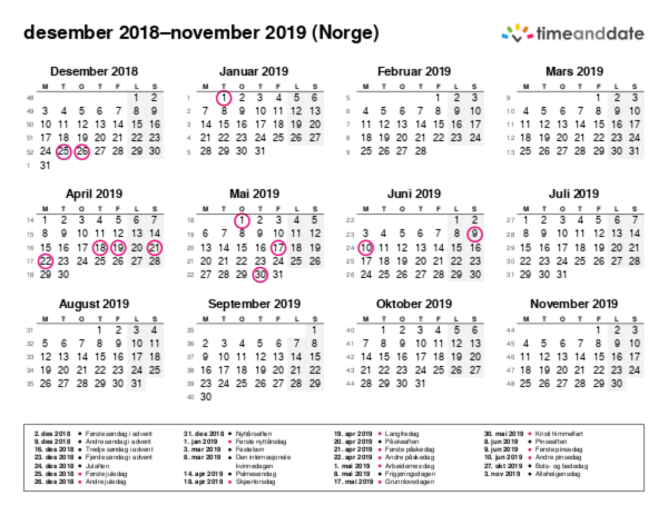 Kalender for 2018 i Norge