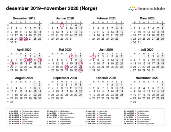 Kalender for 2019 i Norge